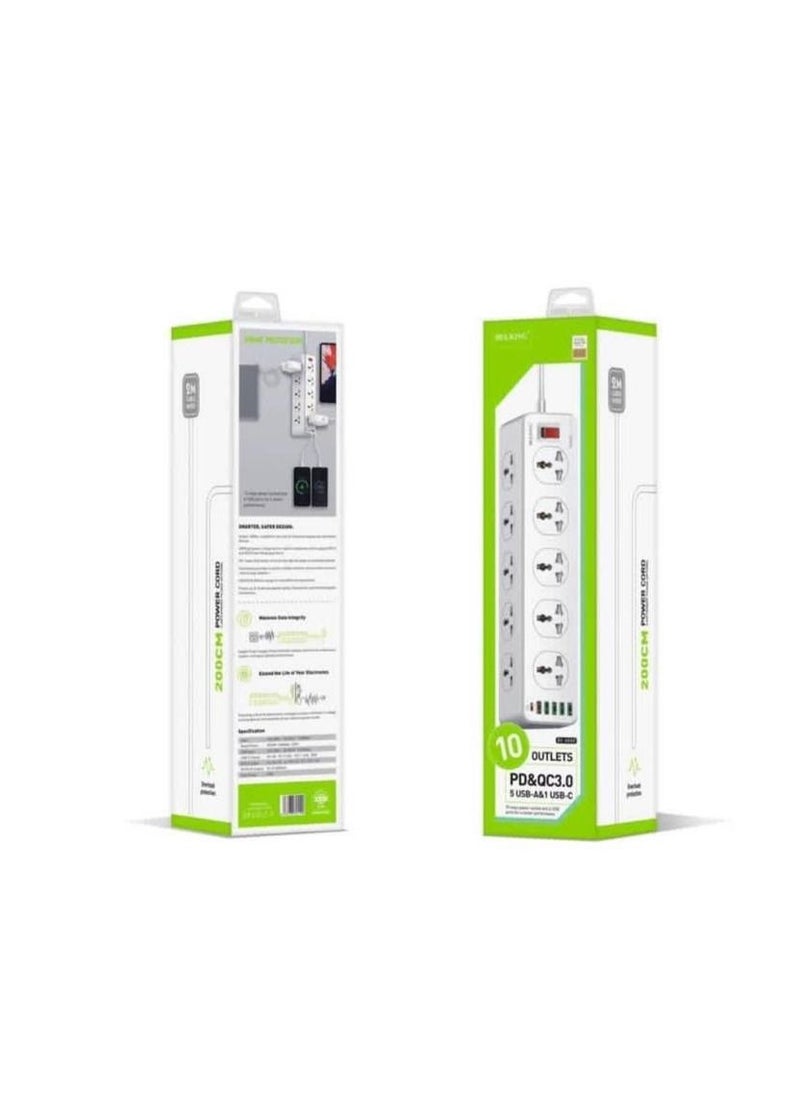 Power Strip Cord with 10 Anti Static Sockets, 5 USB Ports, 1 Type-C Port, 2 Meter Length, Black BK6888