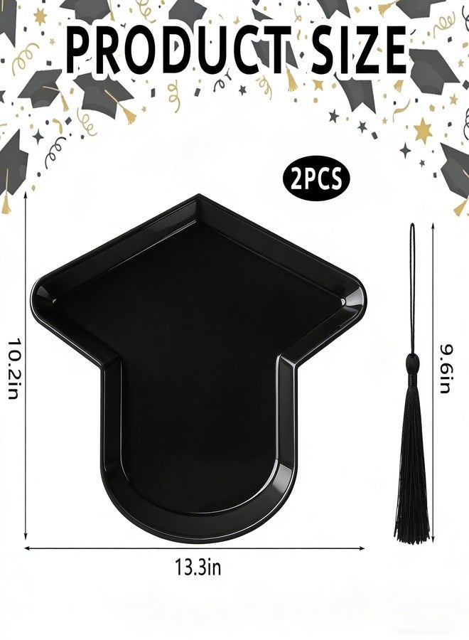 Wehhbtye 2 Pcs Graduation Cap Serving Trays, Fillable Grad Cap Serving Dish with Tassel, Reusable Plastic Graduation Hat Food Container for 2026 Graduating Party Supplies Table Decoration (Black) - Image 2