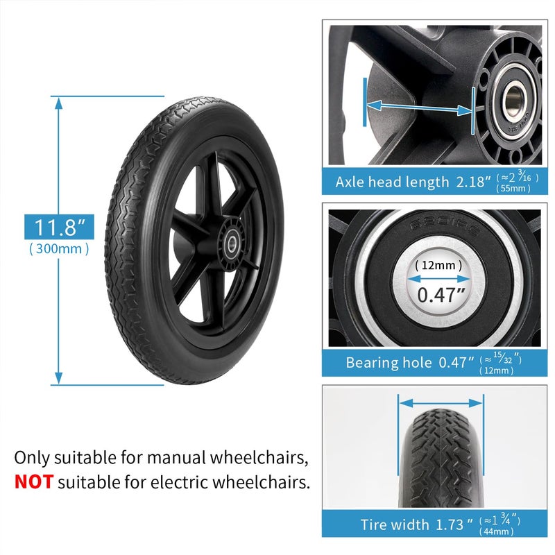Wiykkur 12 Inch Wheelchair Wheels Replacement (1 Pair) 12 1/2 x 2 1/4" Transport Chair Rear Wheel Assembly, Solid Tire Back Wheel for Manual Wheelchairs Replacement Parts, Transfer Chair Accessories - Image 2