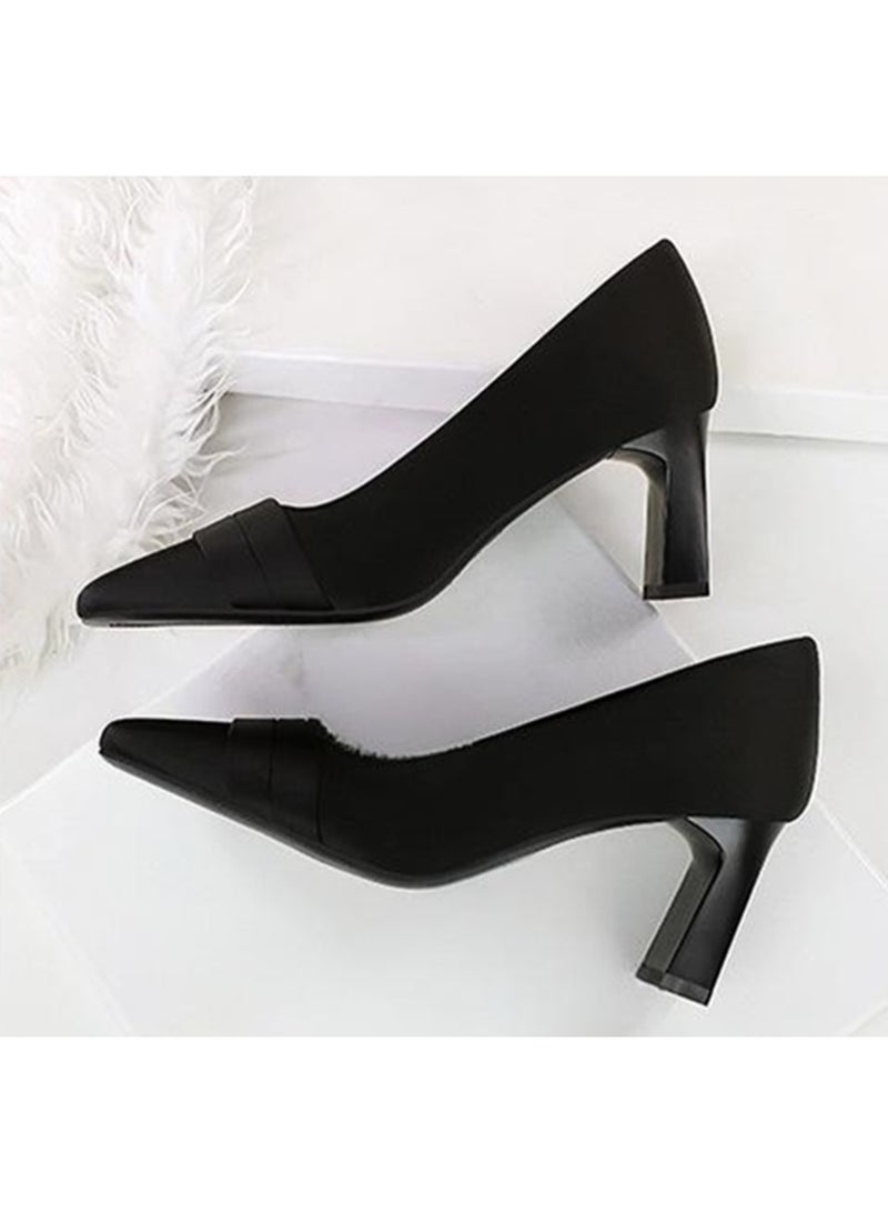 بيج تري المرأة الساتان سميك الكعب العالي مربع مغلق إصبع القدم مضخات الأسود 7CM - Image 3