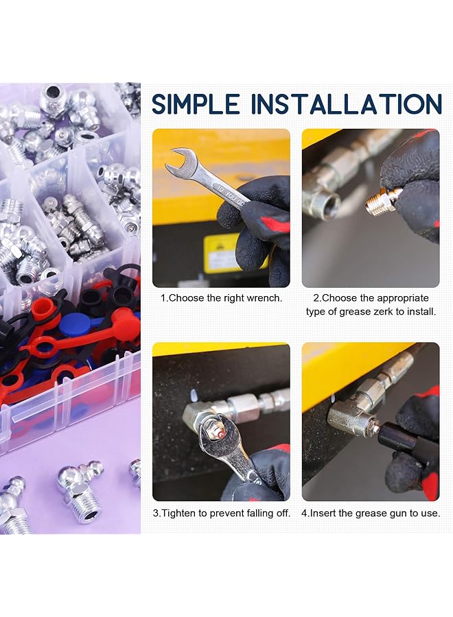 Swpeet 246Pcs Sae & Metric Grease Assortment Kit, Hydraulic Grease Fittings Standard With Plastic Grease Fitting Cap – 1/4", 1/8" M6 M8 M10 Straight, 90 Degree, 45 Degree Angled Grease Zerks  - Image 5