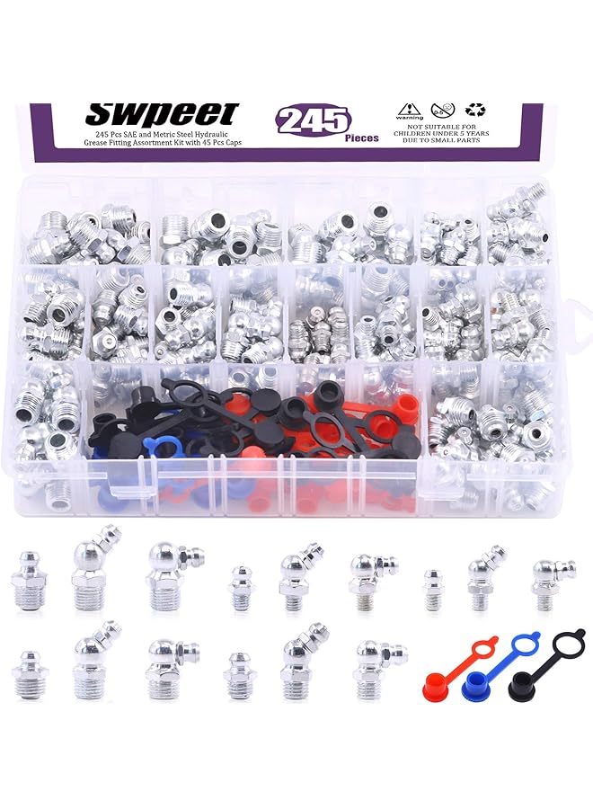 Swpeet 246Pcs Sae & Metric Grease Assortment Kit, Hydraulic Grease Fittings Standard With Plastic Grease Fitting Cap – 1/4", 1/8" M6 M8 M10 Straight, 90 Degree, 45 Degree Angled Grease Zerks  - Image 1