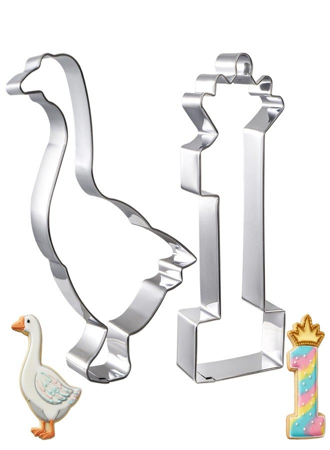 DEAYOU 2 Pcs Goose Cookie Cutter Set 5", Stainless Steel Crown-Shaped Number 1 Cookie Mold for Fruit, Pancake, Fondant, Cake, Bread, Biscuit, Sandwich, Party Decor, First Birthday Baking Supplies - Image 1
