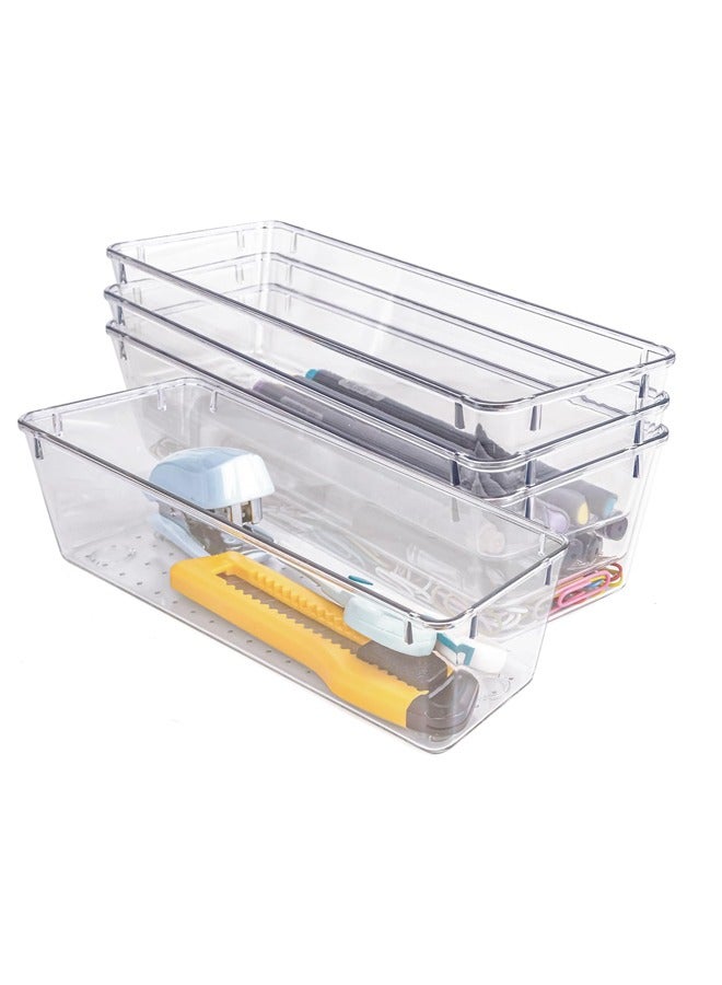 DUNELIFE (Set of 4) Clear Cup and Spoon Storage Box Dresser Drawer Organizer Clear Plastic Cutlery Storage Box Kitchen Drawer Dividers for Office Desk Silverware Kitchen Utensils Cosmetics and Bathroom (Transparent) - Image 1