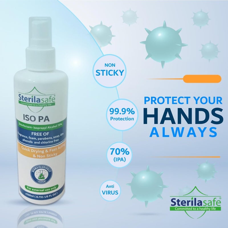 Iso PA, Multipurpose Antibacterial, First aid, Antiseptic/Disinfectant, Sanitizing Spray with 70% Isopropyl Alcohol(IPA) for Treatment of Minor Cuts and Scrapes, Unscented, 260 ML - Image 1