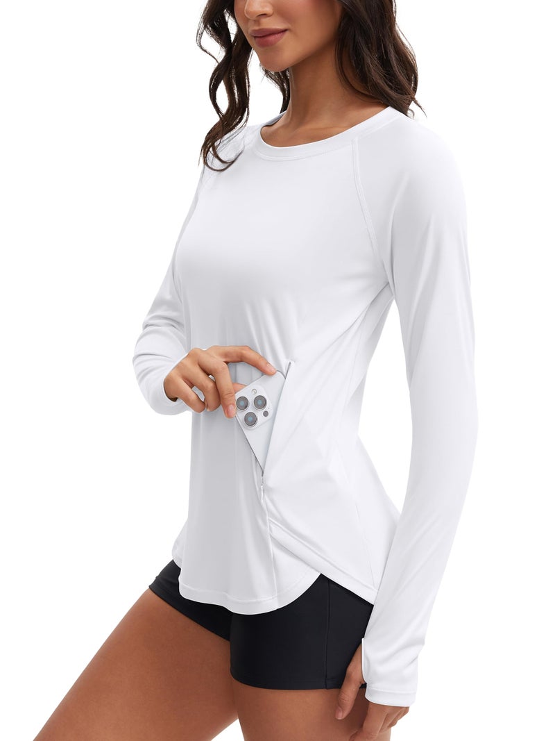 ATTRACO Rashguard for Women Long Sleeve Swimwear Athletic Swim Shirt with Pockets White Swimsuit S - Image 1