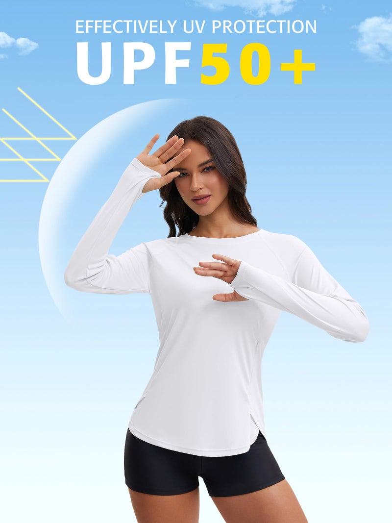 ATTRACO Rashguard for Women Long Sleeve Swimwear Athletic Swim Shirt with Pockets White Swimsuit S - Image 5