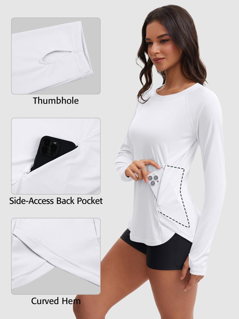 ATTRACO Rashguard for Women Long Sleeve Swimwear Athletic Swim Shirt with Pockets White Swimsuit S - Image 4