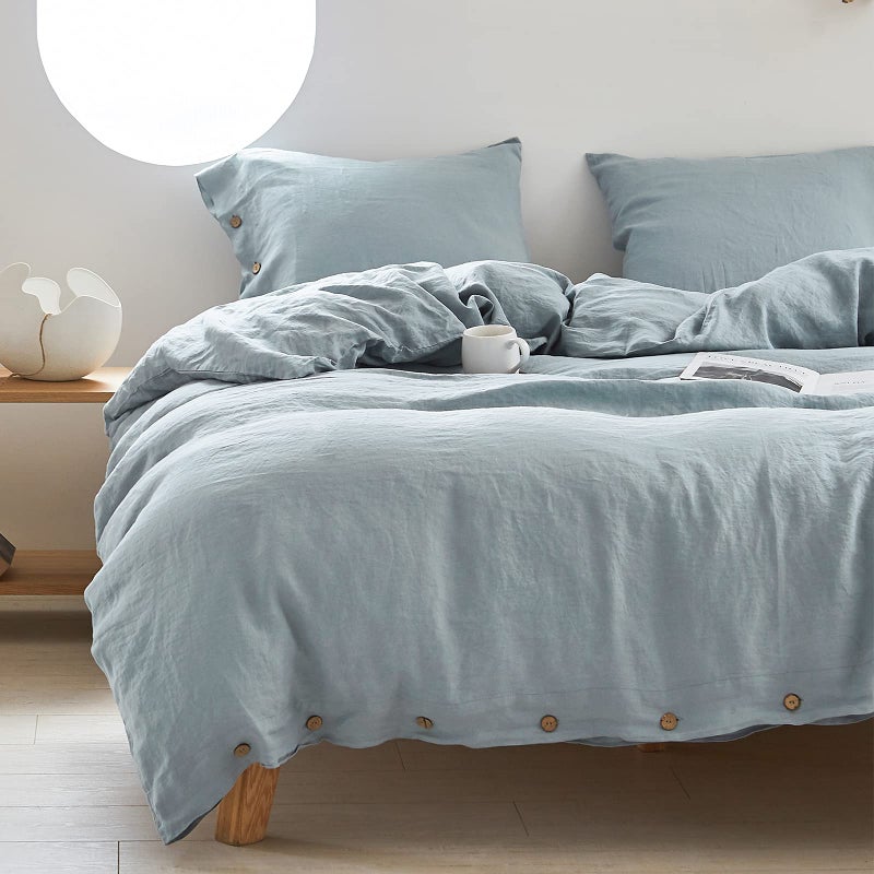 Simple&Opulence 100% Linen Duvet Cover Set 3pcs with Coconut Button Closure Natural French Washed Flax Solid Color Soft Breathable Farmhouse Bedding - Dusty Blue, King Size - Image 1