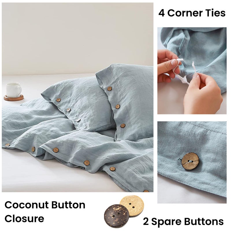 Simple&Opulence 100% Linen Duvet Cover Set 3pcs with Coconut Button Closure Natural French Washed Flax Solid Color Soft Breathable Farmhouse Bedding - Dusty Blue, King Size - Image 3