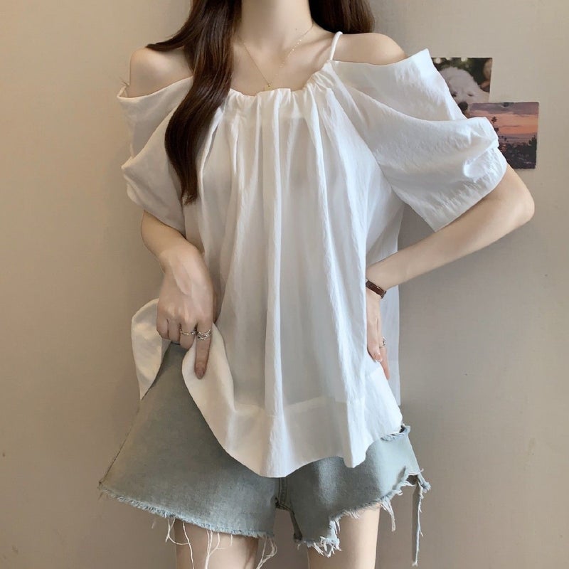 تيشيرت نسائي كبير الحجم بأكمام قصيرة وكتف مكشوف مع رباط - Image 4