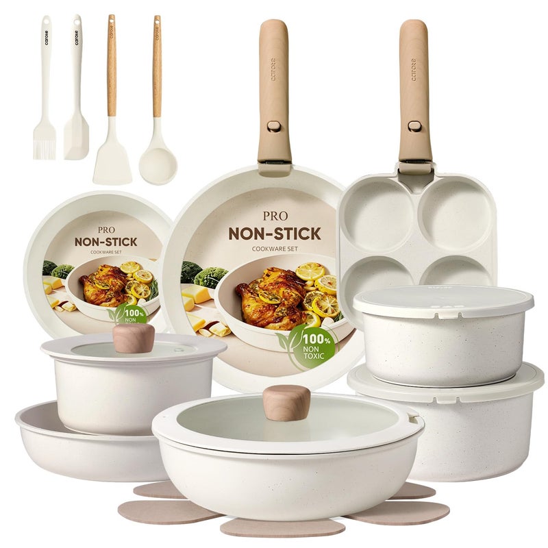 CAROTE Pots and Pans Set Non Stick, Cookware Sets, Kitchen Set, Oven/Dishwasher/Fridge Safe, Space Saving Pots Set, Nonstick Set with Versatile Detachable Handle, Induction RV Set, Cream - Image 1