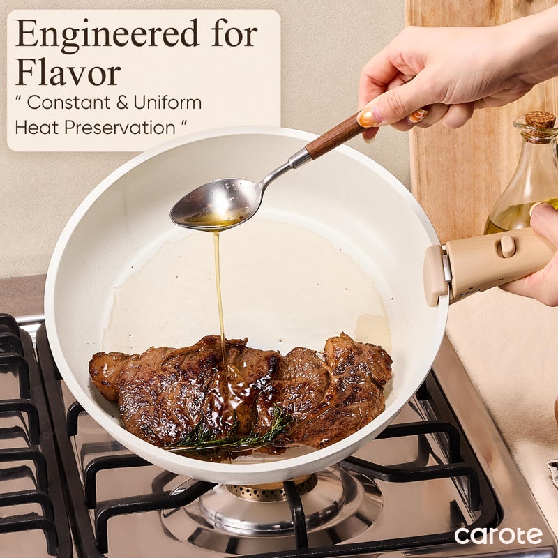CAROTE Pots and Pans Set Non Stick, Cookware Sets, Kitchen Set, Oven/Dishwasher/Fridge Safe, Space Saving Pots Set, Nonstick Set with Versatile Detachable Handle, Induction RV Set, Cream - Image 3