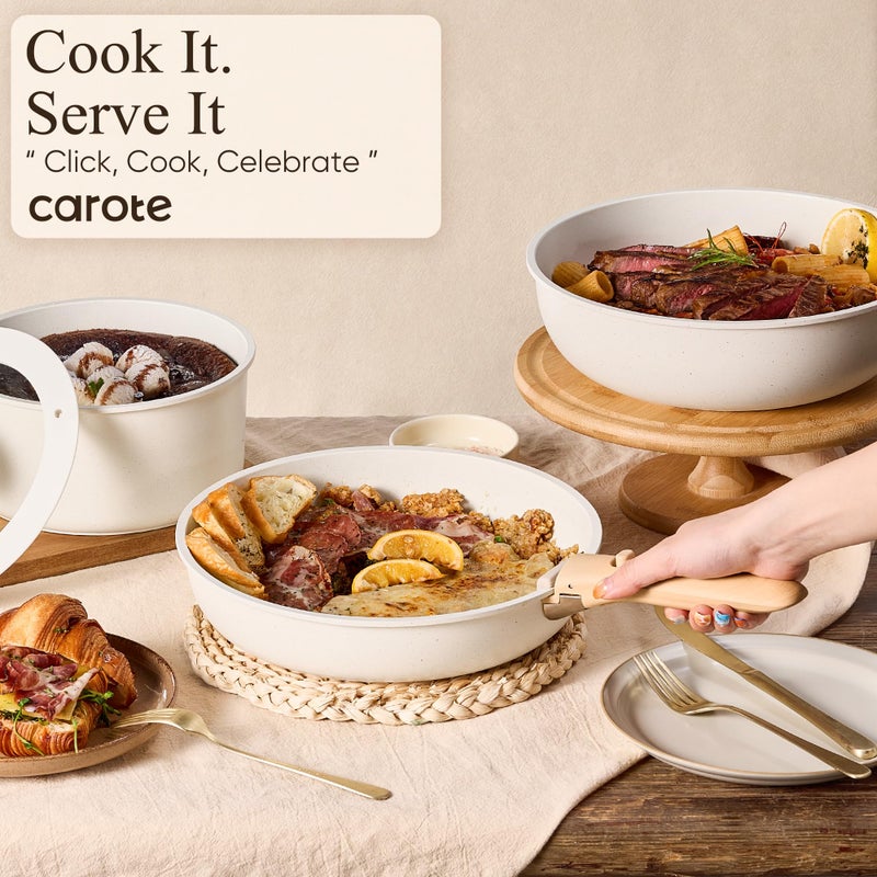 CAROTE Pots and Pans Set Non Stick, Cookware Sets, Kitchen Set, Oven/Dishwasher/Fridge Safe, Space Saving Pots Set, Nonstick Set with Versatile Detachable Handle, Induction RV Set, Cream - Image 4