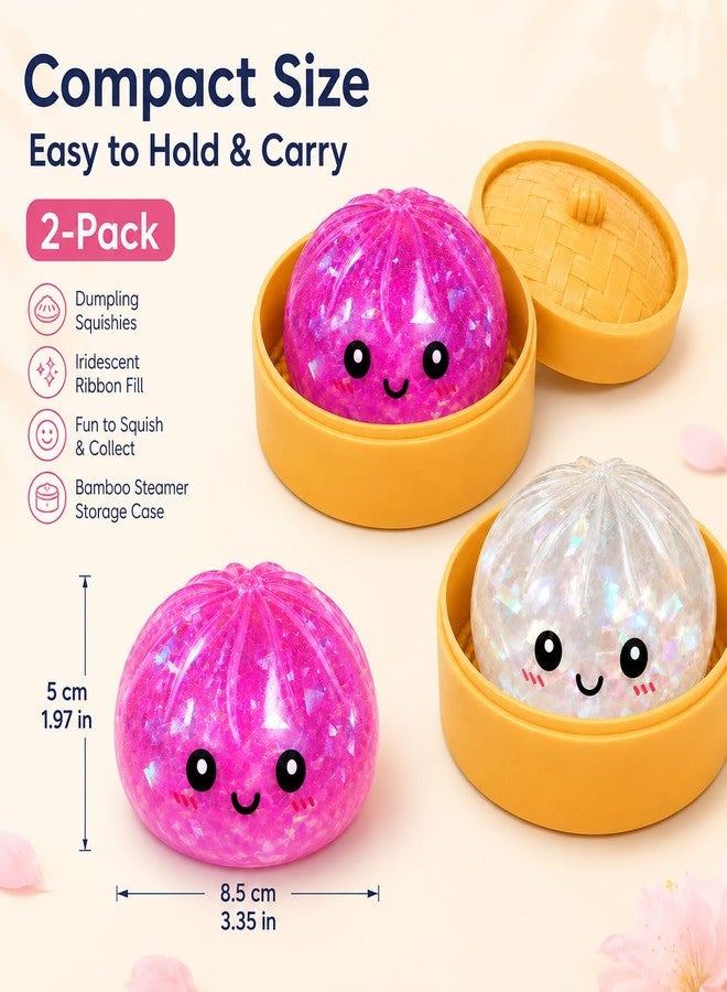 WruFiz 2PCS Dumpling Squishies Toys with Food Steamer,Sparkly Squeeze Dough Fidget Sensory Stress Balls,Stretchy Hand Desk Toys for Stress Relief Squishies Dumpling Gifts,Pink&White - Image 5