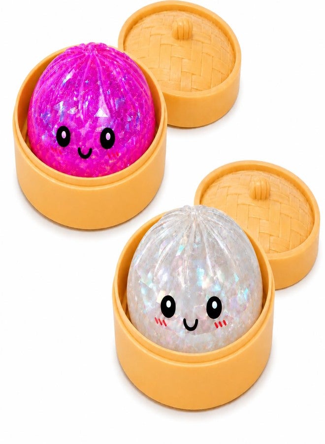 WruFiz 2PCS Dumpling Squishies Toys with Food Steamer,Sparkly Squeeze Dough Fidget Sensory Stress Balls,Stretchy Hand Desk Toys for Stress Relief Squishies Dumpling Gifts,Pink&White - Image 1