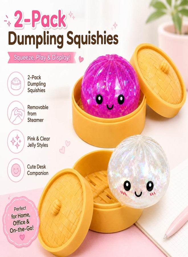 WruFiz 2PCS Dumpling Squishies Toys with Food Steamer,Sparkly Squeeze Dough Fidget Sensory Stress Balls,Stretchy Hand Desk Toys for Stress Relief Squishies Dumpling Gifts,Pink&White - Image 2