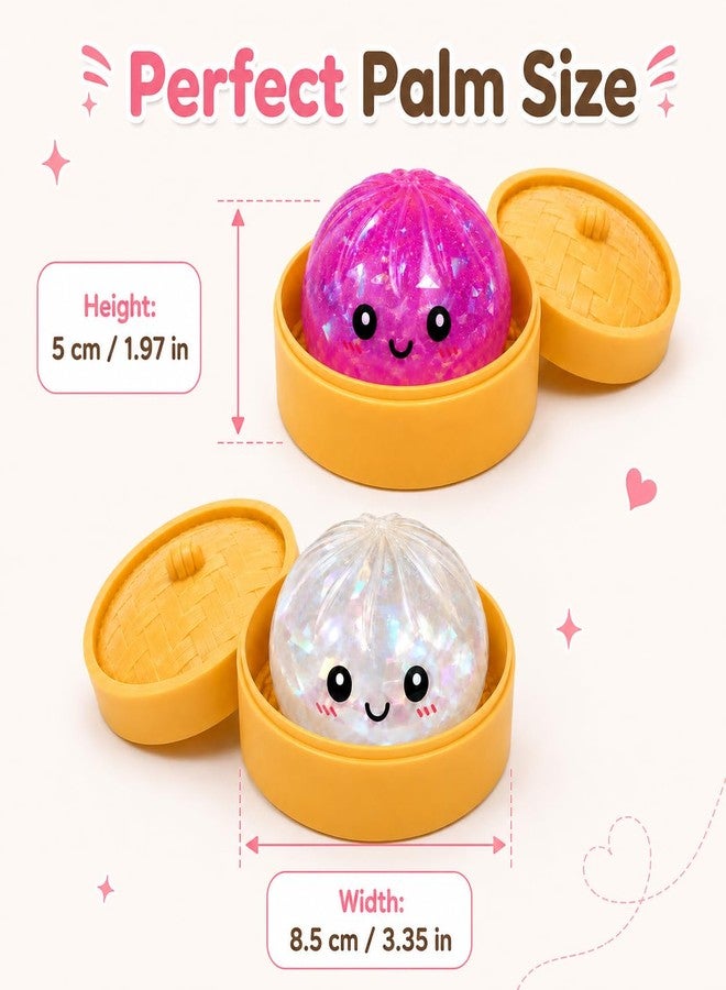 WruFiz 2PCS Dumpling Squishies Toys with Food Steamer,Sparkly Squeeze Dough Fidget Sensory Stress Balls,Stretchy Hand Desk Toys for Stress Relief Squishies Dumpling Gifts,Pink&White - Image 4