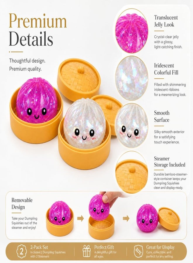 WruFiz 2PCS Dumpling Squishies Toys with Food Steamer,Sparkly Squeeze Dough Fidget Sensory Stress Balls,Stretchy Hand Desk Toys for Stress Relief Squishies Dumpling Gifts,Pink&White - Image 3