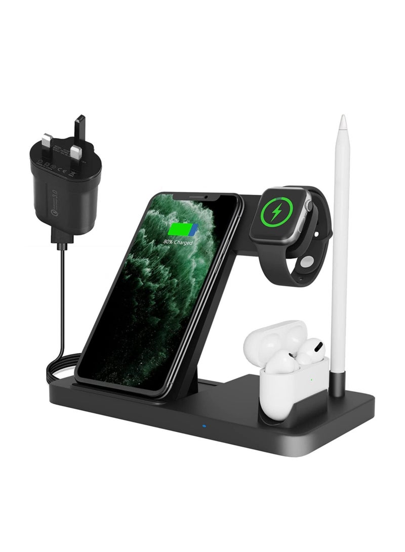4 in 1 Wireless Charging Station with Adapter for AirPods/Apple Watch Series/Apple Pencil/Apple iPhone/Samsung - Image 1