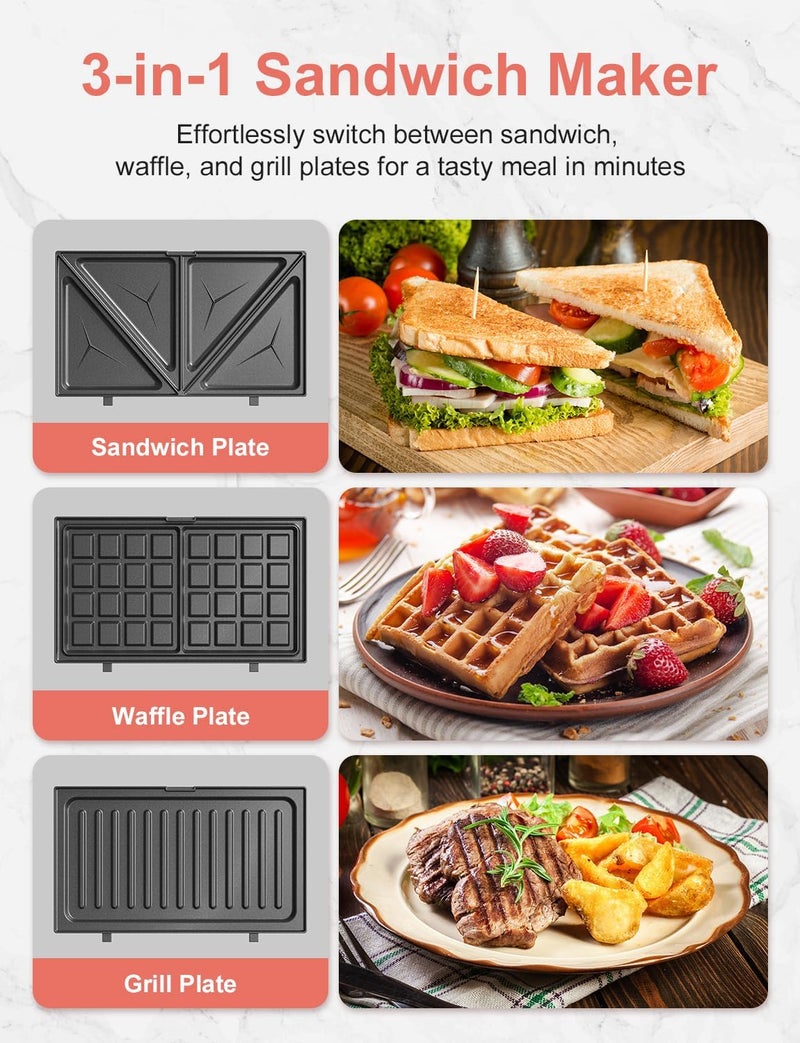 Crownful 3 in 1 Sandwich Maker, Waffle Maker & Grill, 750W Electric Panini Press with Removable Non-Stick Plates, Compact Breakfast Machine for Sandwiches, Waffles, Burgers & Steak - Image 2