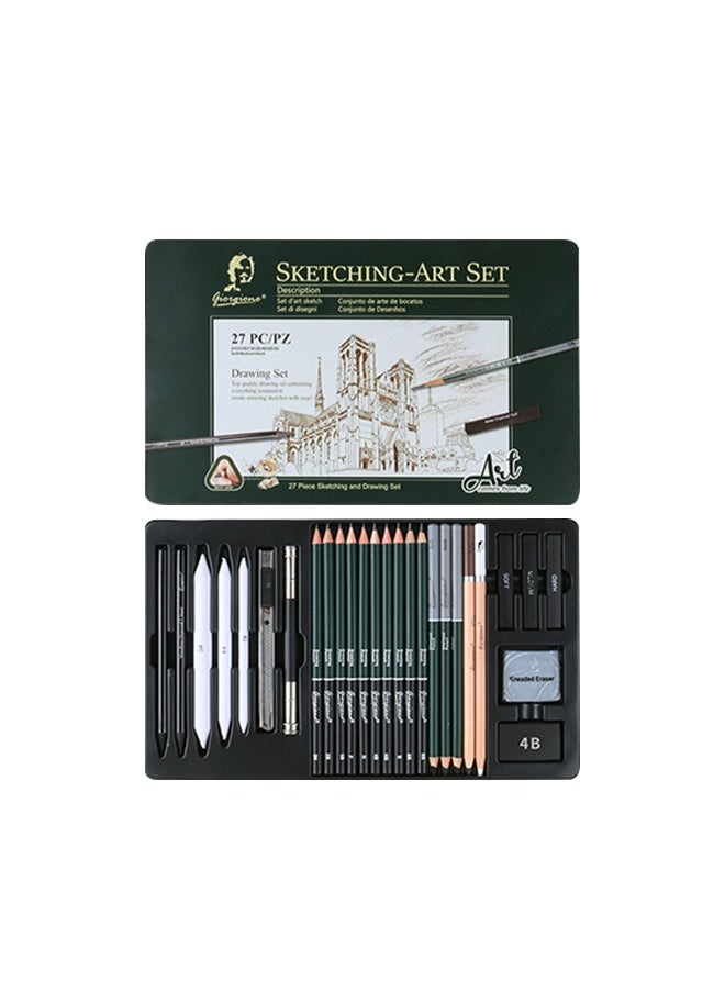 27-Piece Pencil Set With Eraser, Hard Pencils, Paper Eraser, High-Performance Compressed Charcoal Pencils, Smooth And Durable, Strong Visual Effect, Metal Pen Box