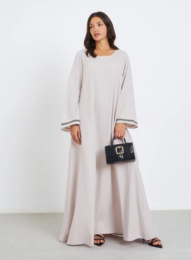 Styli Beige A-Line Jalabiya with Lace Trim