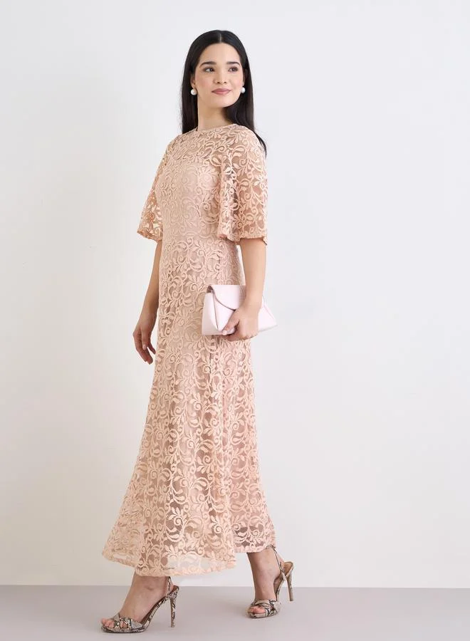 Styli Styli Pink All Lace A-Line Maxi Dress