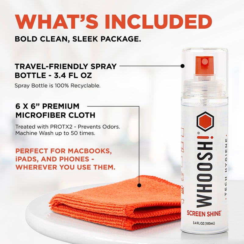 WHOOSH! Screen Shine Go XL - 3.4 fl oz with Microfiber Cloth - Powerful Streak-Free Screen Cleaner Spray and Wipe for MacBook, Laptop, Car, Eyeglasses & Phone - Sleek Bottle for Home, Work or Travel - Image 2