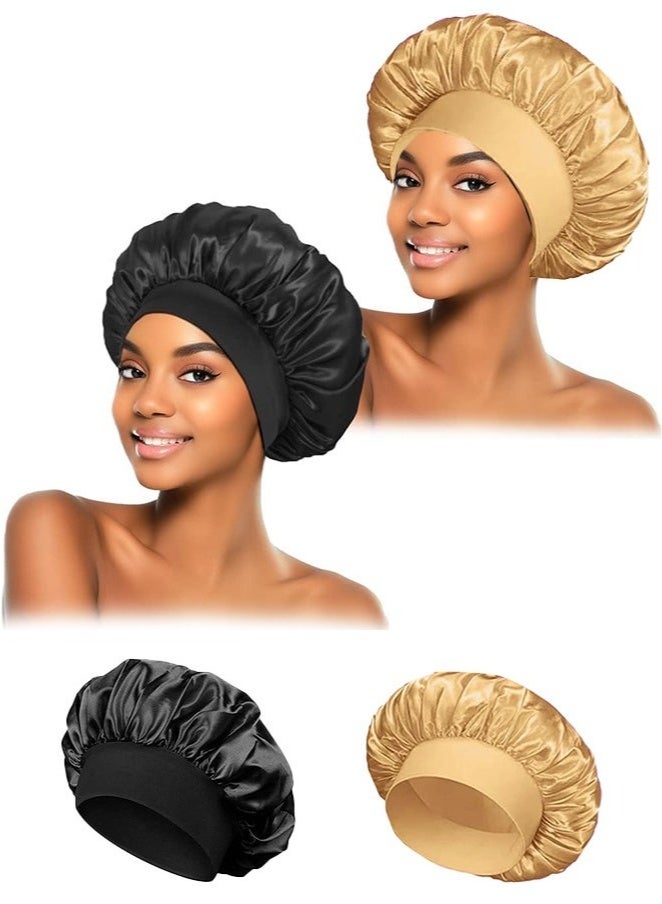 GlamKit 2Pcs Silk Bonnet for Sleeping, Satin Hair Bonnets, Soft Elastic Band Silk Sleep Cap, Hair Wrap for Women (Black & Gold) - Image 1