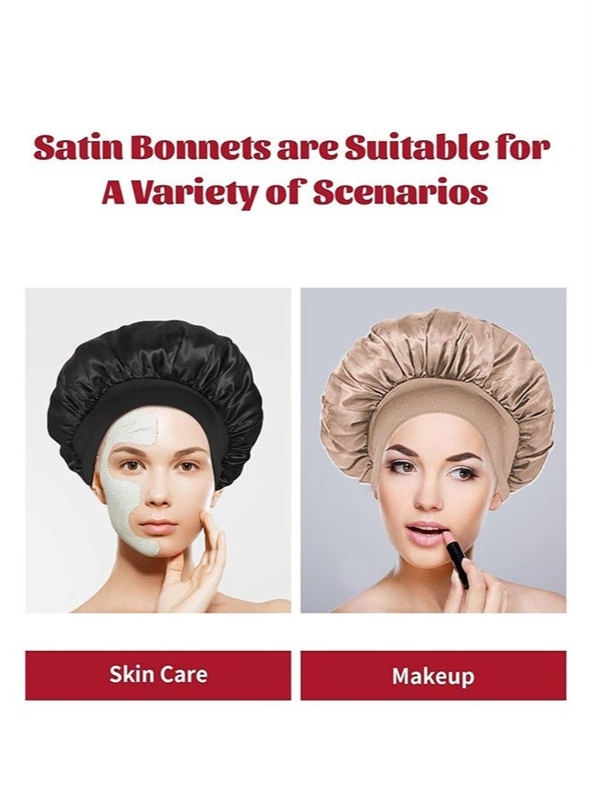 GlamKit 2Pcs Silk Bonnet for Sleeping, Satin Hair Bonnets, Soft Elastic Band Silk Sleep Cap, Hair Wrap for Women (Black & Gold) - Image 2