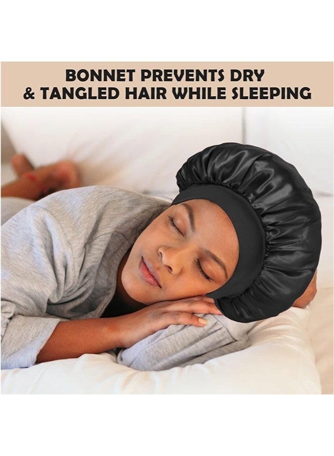 GlamKit 2Pcs Silk Bonnet for Sleeping, Satin Hair Bonnets, Soft Elastic Band Silk Sleep Cap, Hair Wrap for Women (Black & Gold) - Image 3