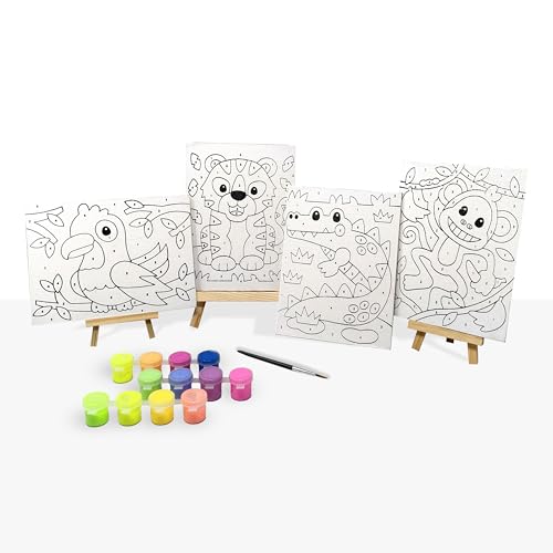 Artiggle DIY Paint By Number-Stem Kit | Best Canvas Painting Kit For Kids | Pack of 4 Canvas Board 20*15cm + 12 Paints ( 8 Neon & 4 Glow In The Dark Colors ) + Wooden Easel + 1 Paint Brush | Best Beginner-Friendly Painting Art Kit And Return Gift - Image 1