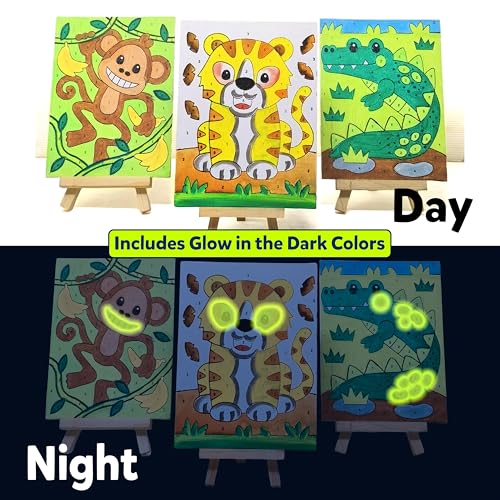 Artiggle DIY Paint By Number-Stem Kit | Best Canvas Painting Kit For Kids | Pack of 4 Canvas Board 20*15cm + 12 Paints ( 8 Neon & 4 Glow In The Dark Colors ) + Wooden Easel + 1 Paint Brush | Best Beginner-Friendly Painting Art Kit And Return Gift - Image 2