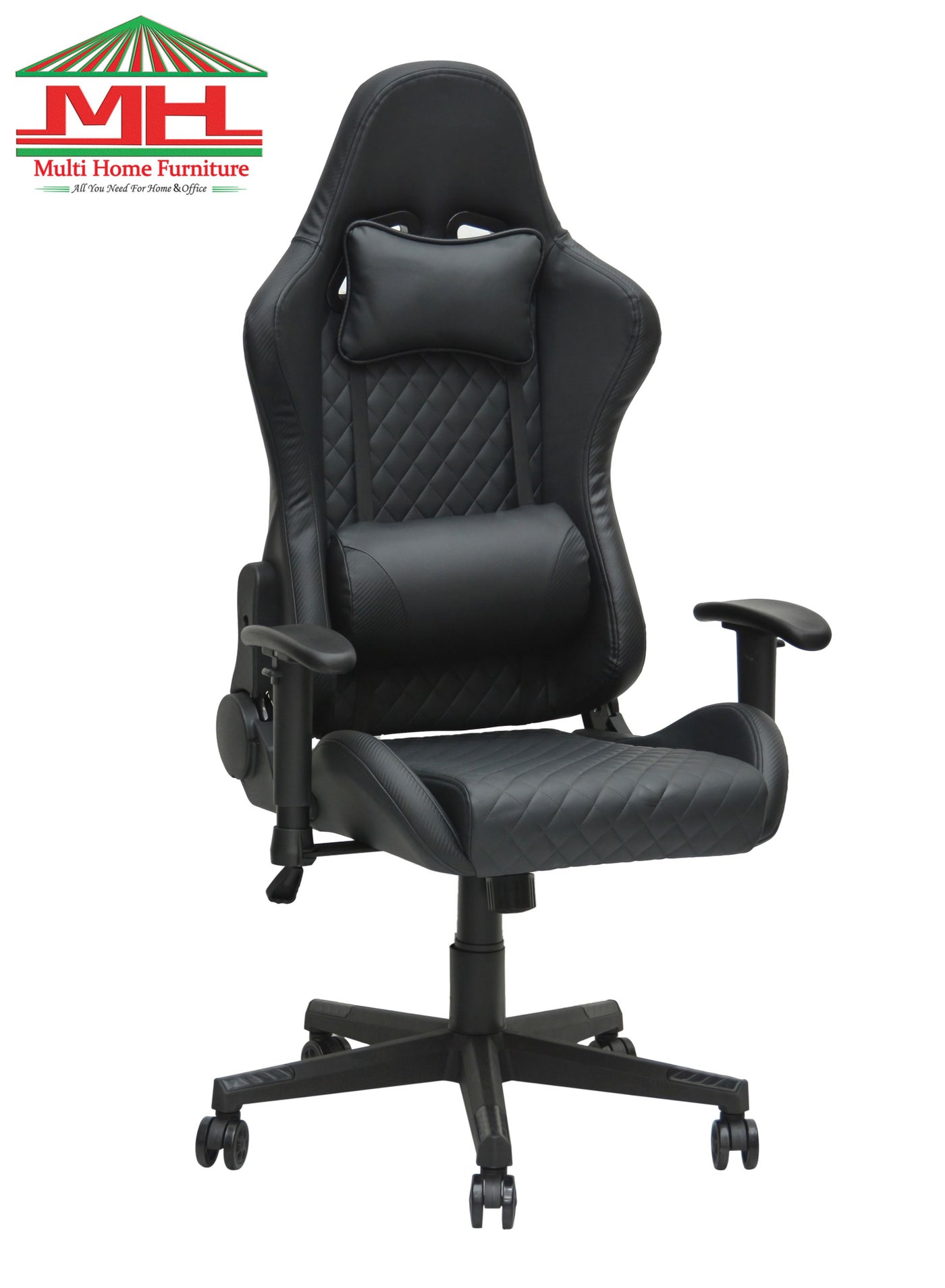 Multi Home Furniture Black Gaming Chair with Foot Rest | Ergonomic Chair & Recliner Chair with Headrest & Lumbar Support | High-Back PU Leather 360° Swivel Chair & Office Chair for Gaming PC & Home