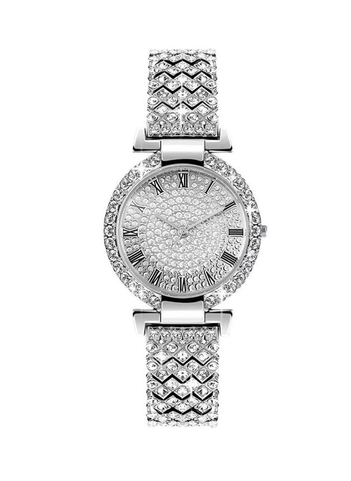 Generic Full Diamond Roman Pattern Women's Watch Quartz Watch Women's Watch Bracelet Watch (Silver)  - Image 1