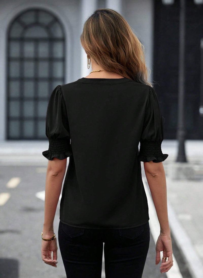 Shougu New V-neck Style Bubble Sleeve Solid Color Shirt Women's Top  - Image 2