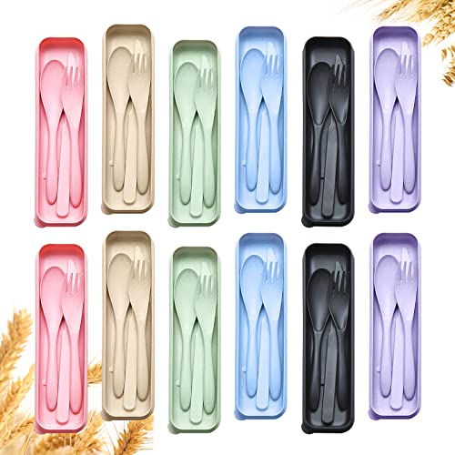 YDYTOP Reusable Travel Utensils Set with Case, 12 Sets Wheat Straw Portable Knife Fork Spoons Cutlery, Eco-Friendly BPA Free Plastic Tableware for Kids Adults Travel Picnic Camping Utensils - Image 1