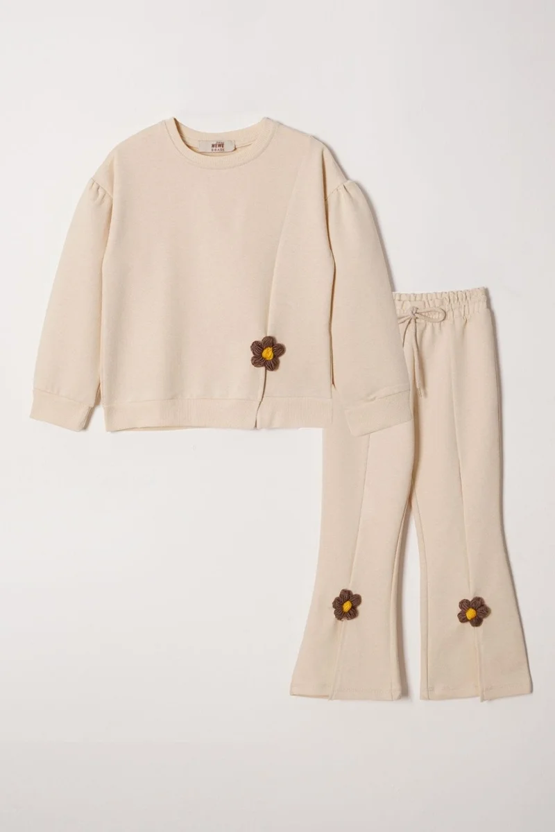 Zepkids Crew Neck Long Sleeve Daisy Detailed Long Sleeve Beige Color Girls Tracksuit Set