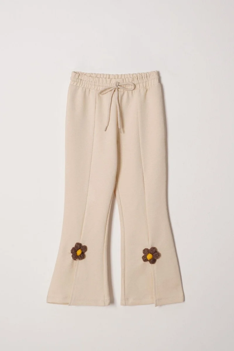 Zepkids Crew Neck Long Sleeve Daisy Detailed Long Sleeve Beige Color Girls Tracksuit Set