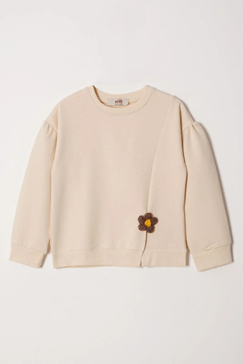 Zepkids Crew Neck Long Sleeve Daisy Detailed Long Sleeve Beige Color Girls Tracksuit Set