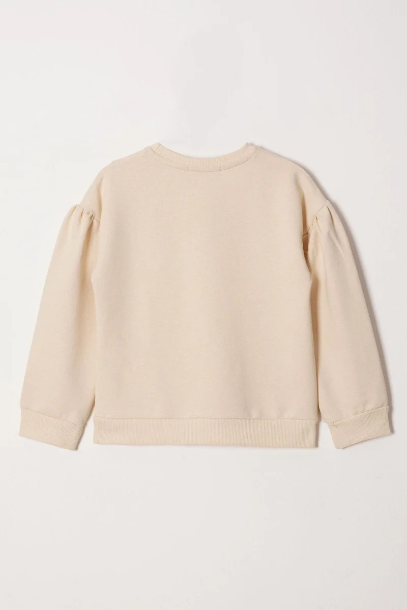 Zepkids Crew Neck Long Sleeve Daisy Detailed Long Sleeve Beige Color Girls Tracksuit Set