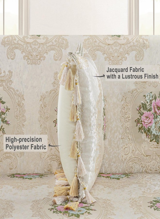 Loom and Mill غطاء وسادة فاخر من قطعة واحدة من لوم آند ميل، مقاس 20 × 20 بوصة، غطاء وسادة مزخرف بنقوش زهور أنيقة مع شرابات، أغطية وسائد من الجاكار الدمشقي لغرفة المعيشة وغرفة النوم والأريكة والكرسي (بيج لؤلؤي). - Image 3