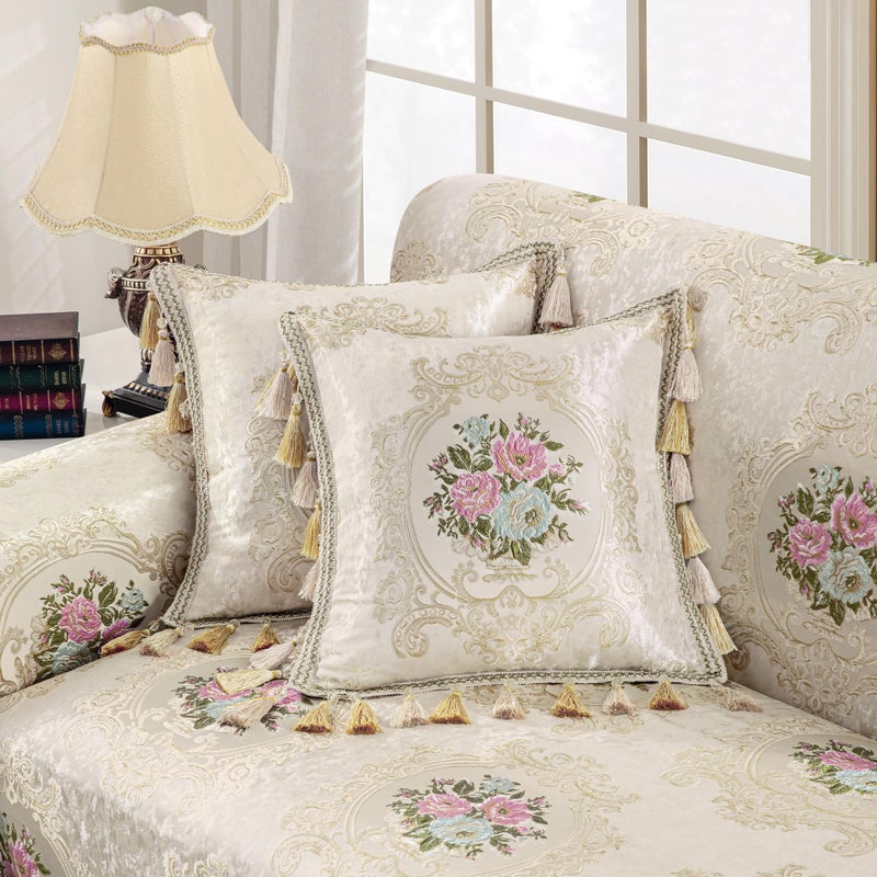 Loom and Mill غطاء وسادة فاخر من قطعة واحدة من لوم آند ميل، مقاس 20 × 20 بوصة، غطاء وسادة مزخرف بنقوش زهور أنيقة مع شرابات، أغطية وسائد من الجاكار الدمشقي لغرفة المعيشة وغرفة النوم والأريكة والكرسي (بيج لؤلؤي). - Image 1
