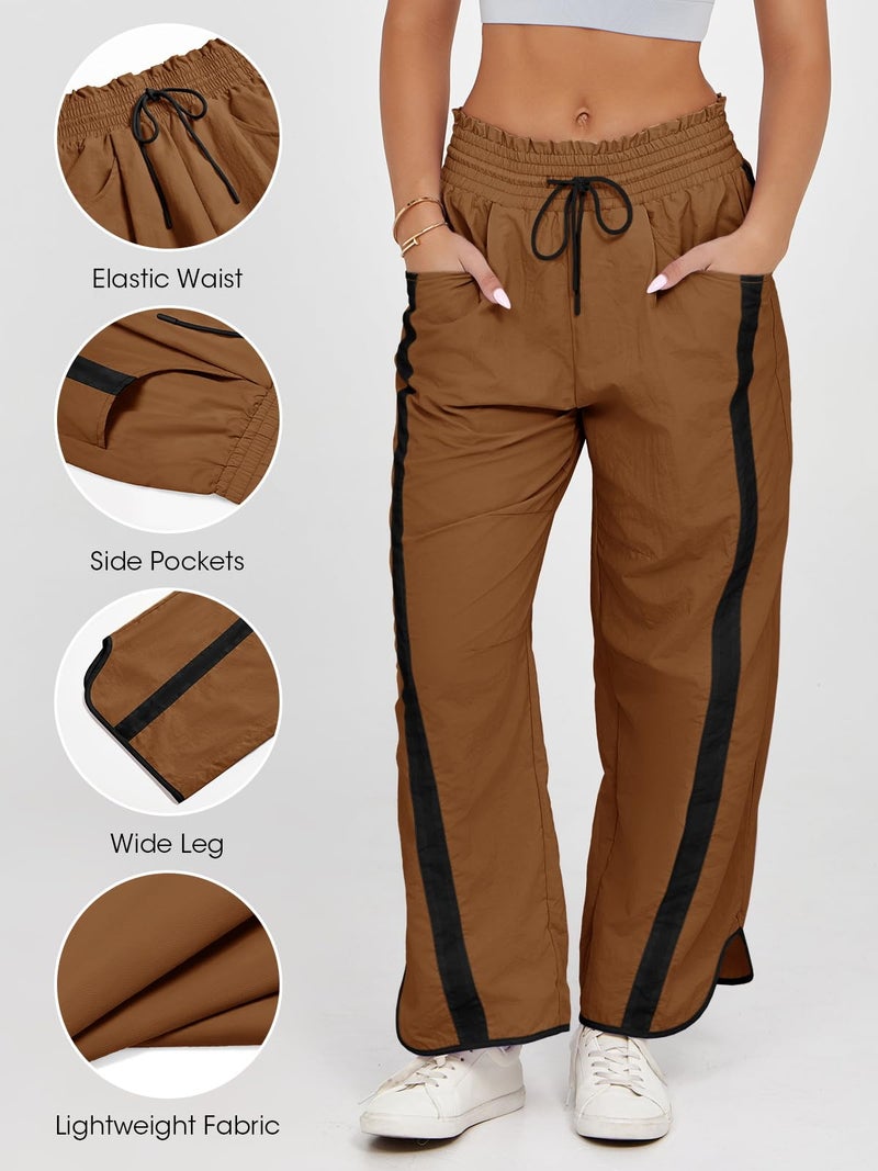 Fisoew Women's Baggy Wide Leg Pants Casual Drawstring Elastic Waisted Contrast Color Workout Y2K Track Pants Camel - Image 3