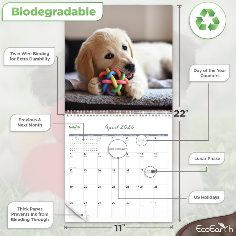 EcoEarth - Biodegradable 11x22 Inch - Open - 12-Month Vertical Hanging Wall Calendar - 2026 Monthly Calendar - Cute Puppies - Image 3