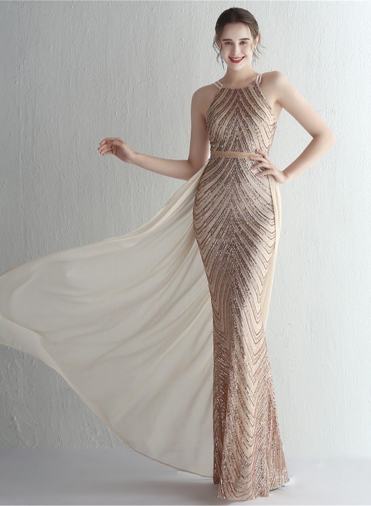 Meilun Rose Gold Sequin Halter - Neck Evening Gown with Chiffon Overlay - Image 1