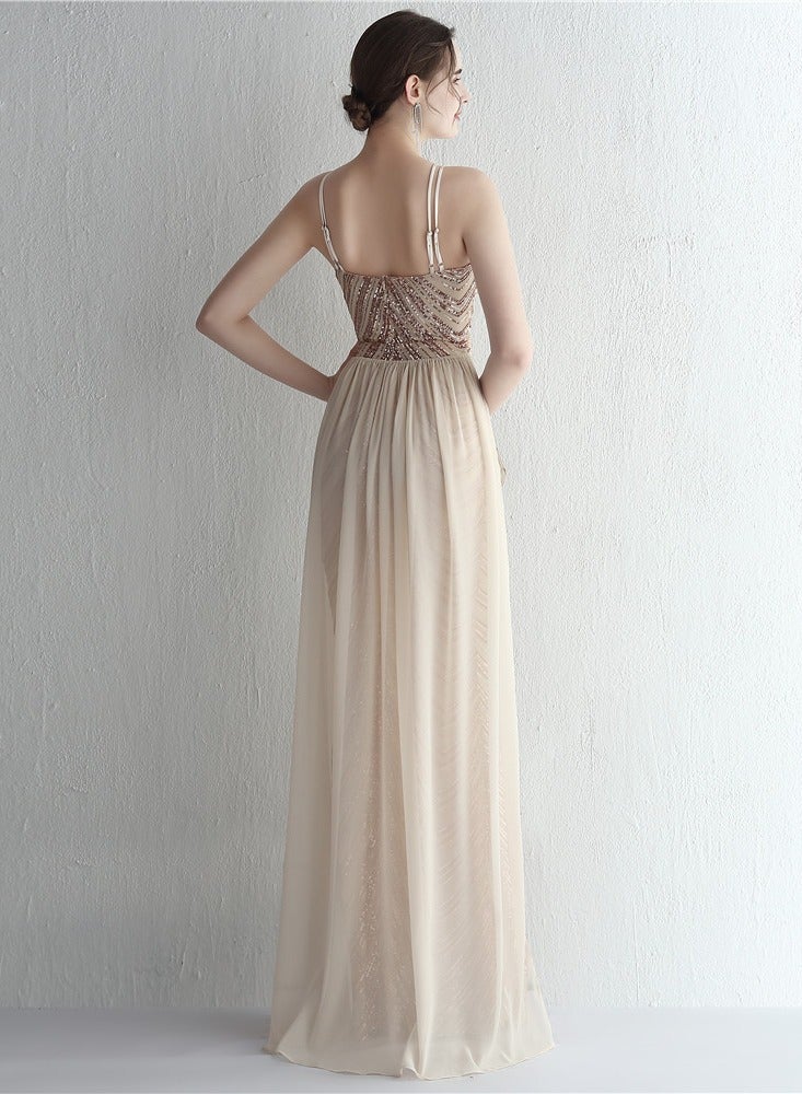 Meilun Rose Gold Sequin Halter - Neck Evening Gown with Chiffon Overlay - Image 2