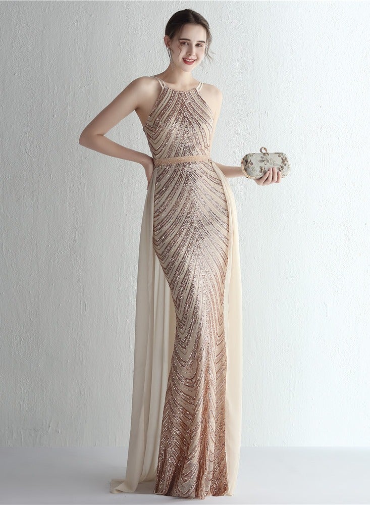 Meilun Rose Gold Sequin Halter - Neck Evening Gown with Chiffon Overlay - Image 4