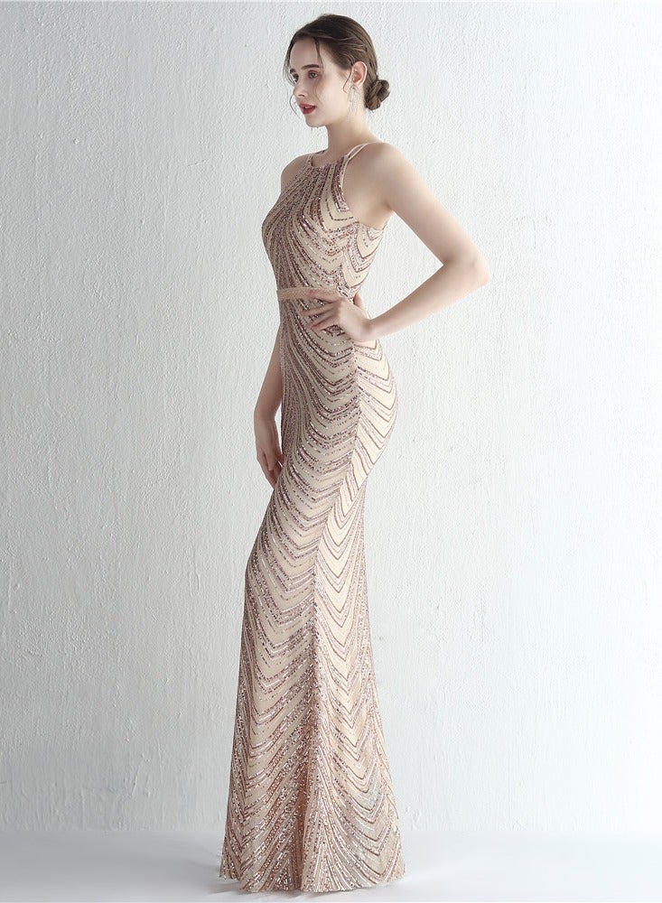 Meilun Rose Gold Sequin Halter - Neck Evening Gown with Chiffon Overlay - Image 3